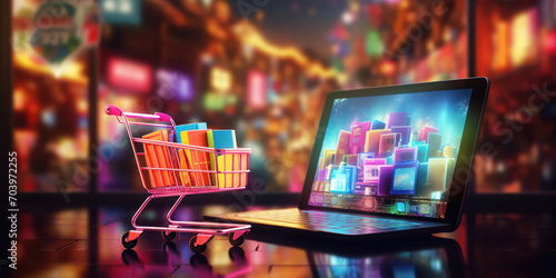 An online shopping spree depicted by a cart on a glowing computer screen photo