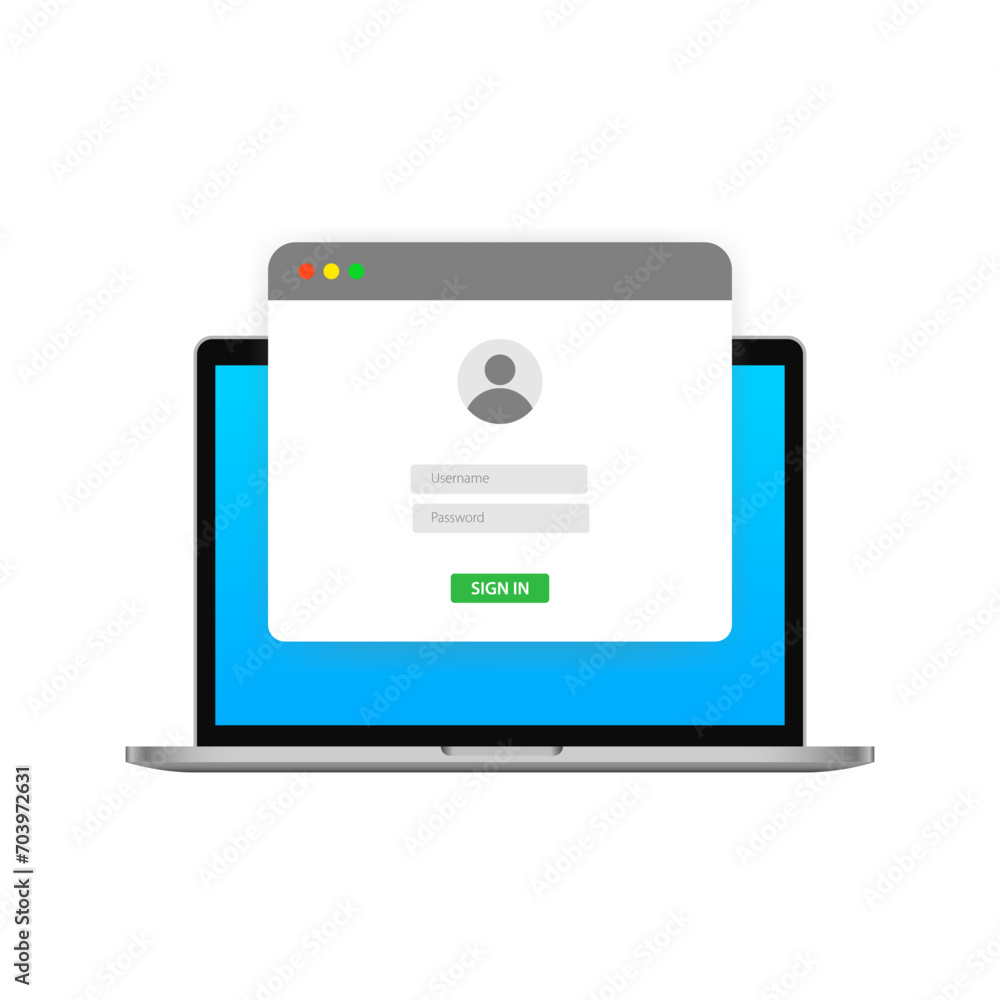 Login to account mockup. Flat, color, laptop screen, username and password, empty rows, light input. Vector icon Login to account mockup. Flat, color, laptop screen, username and password, empty rows, light input. Vector icon