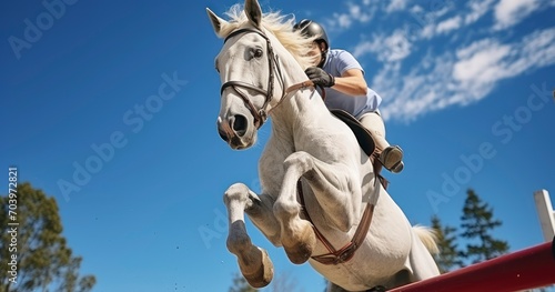 A Girl and Her White Horse in Perfect Harmony, Jumping a Hurdle from a Low Angle View. Generative AI