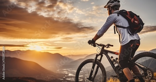 A Mountain Biker Pausing to Overlook a Valley as the Sun Dips Below the Horizon. Generative AI