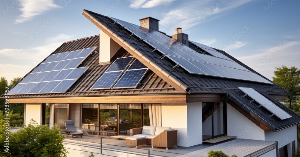 A Family Home Harnessing the Sun's Energy with a Rooftop Photovoltaic System. Generative AI