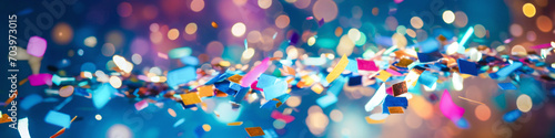 background with glittering confetti rain against blue background for carnival background