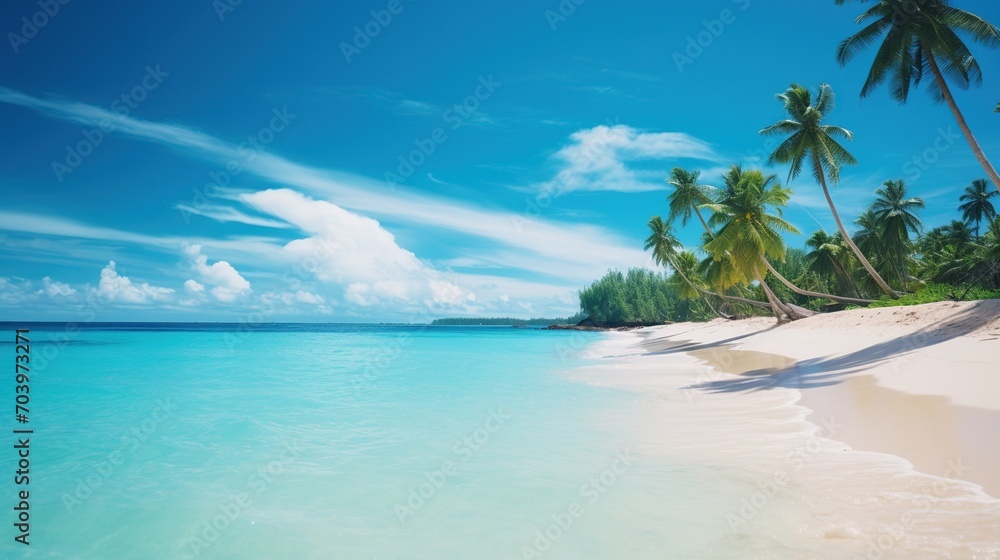 White sandy beach with clear turquoise waters and lush palm trees under a bright blue sky in a tropical paradise.