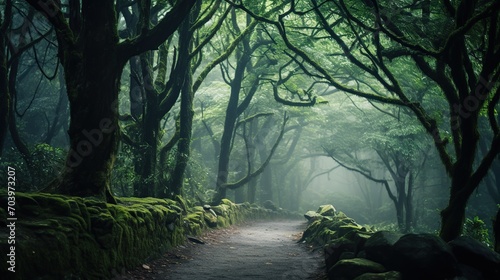 A tranquil forest path meanders through towering trees covered in vibrant green moss, shrouded in fog.
 photo