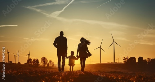 Silhouettes of Happy family looking windmills for electricity generation at sunrise by producing sustainable energy Concept