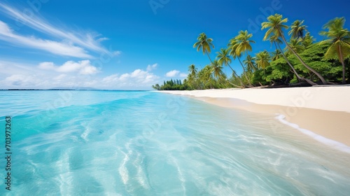 Serene tropical shoreline with crystal-clear aqua waters  white sand  and abundant palm trees under a sunny sky.