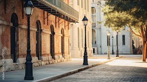 A serene city street at sunset, with warm light casting long shadows and highlighting historic architecture.