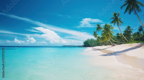 White sandy beach with clear turquoise waters and lush palm trees under a bright blue sky in a tropical paradise.