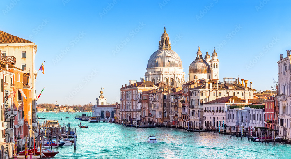 Beautiful view of Grand Canal and Basilica Santa Maria della Salute in Venice, Italy. - obrazy, fototapety, plakaty 