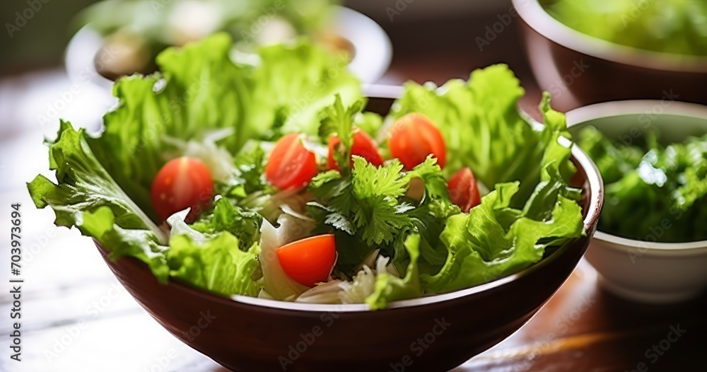 A Nutritious and Tasty Vegetable Salad with Leafy Greens, Perfectly Placed on a Wooden Table. Generative AI A Nutritious and Tasty Vegetable Salad with Leafy Greens, Perfectly Placed on a Wooden Table. Generative AI