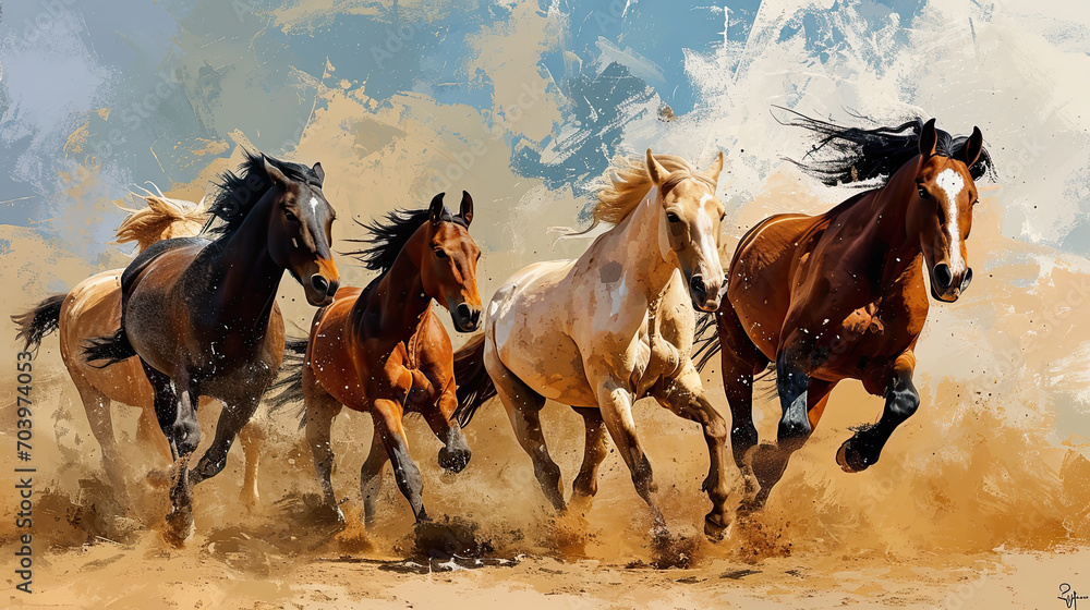 group of horses are running through a field. - obrazy, fototapety, plakaty 