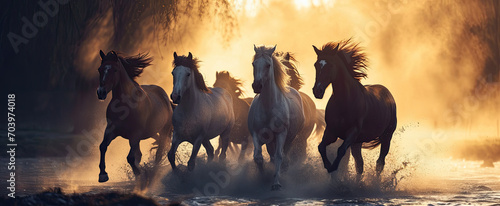 A group horse running across a lake.