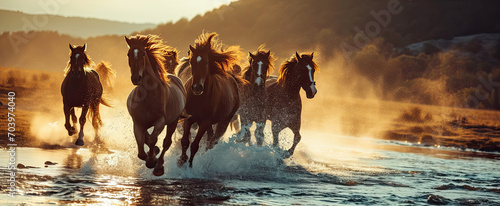 A group horse running across a lake.