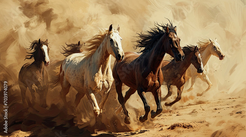 group of horses are running through a field.