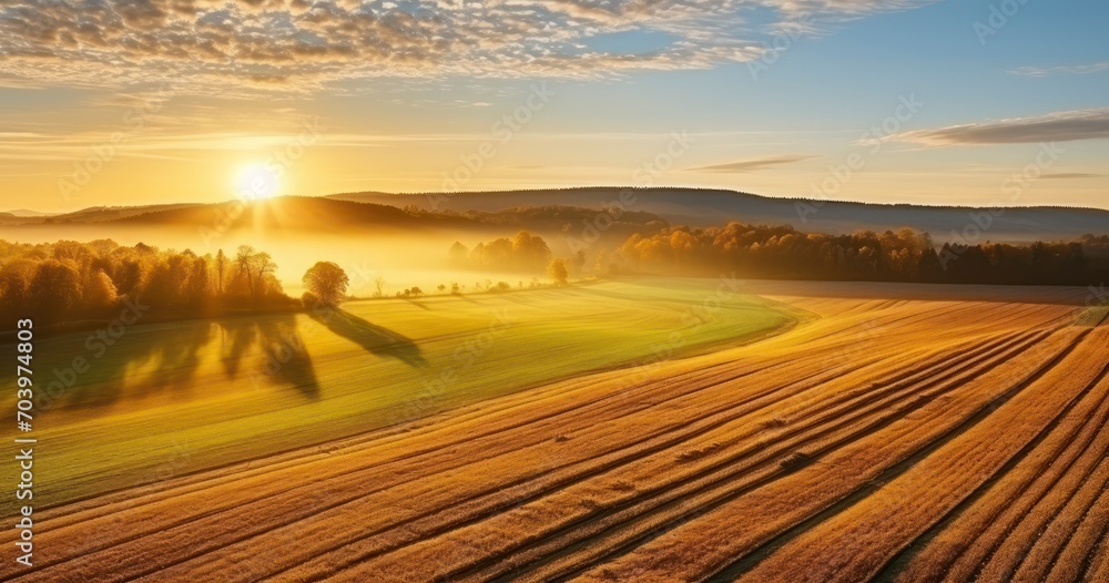 Fototapeta premium Drone view of autumn field at sunrise. Generative AI