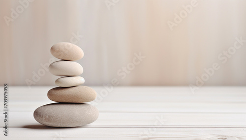 Spa  balance  meditation and zen minimal modern concept. Stack of stone pebbles against beige wall for design and presentation