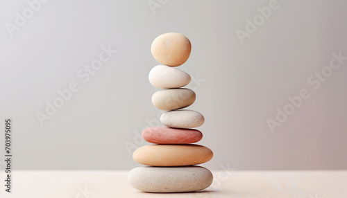 Spa, balance, meditation and zen minimal modern concept. Stack of stone pebbles against beige wall for design and presentation photo