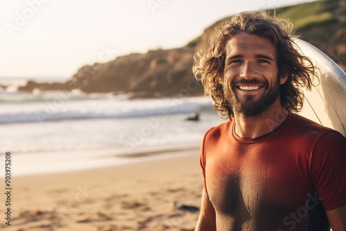 A young handsome Male Surfer with a surfboard poses on a sandy beach, A muscular athletic guy stands on the seashore and looks away, waiting for high waves, enjoying surfing and summer vacations © Irina