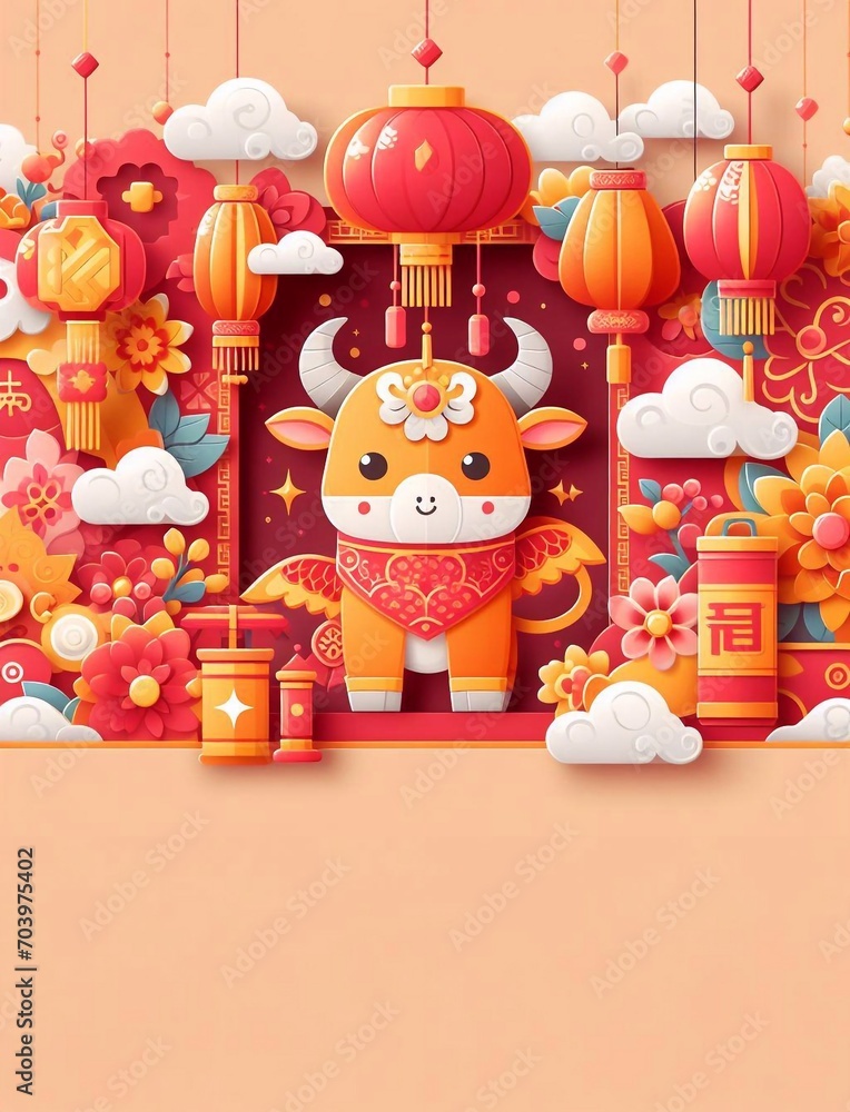 Fototapeta premium Chinese New Year Festival Illustration Paper Art Paper Cut background, Cute Style generative ai ART