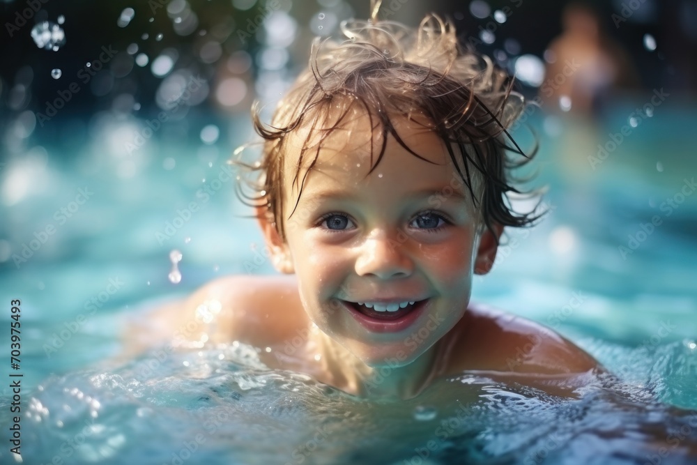Portrait of a cute little boy playing in the swimming pool.