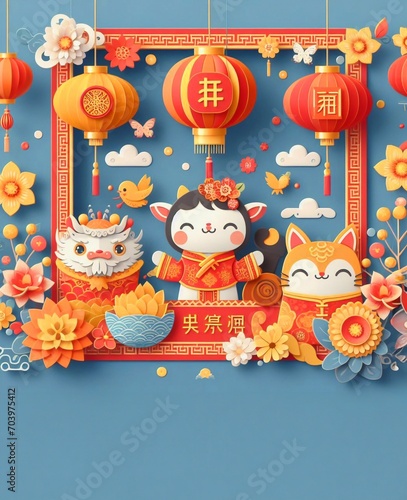 Chinese New Year Festival Illustration Paper Art Paper Cut background, Cute Style generative ai ART