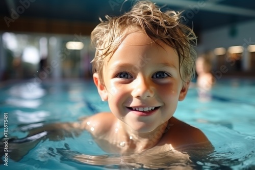 Portrait of a cute little boy playing in the swimming pool.