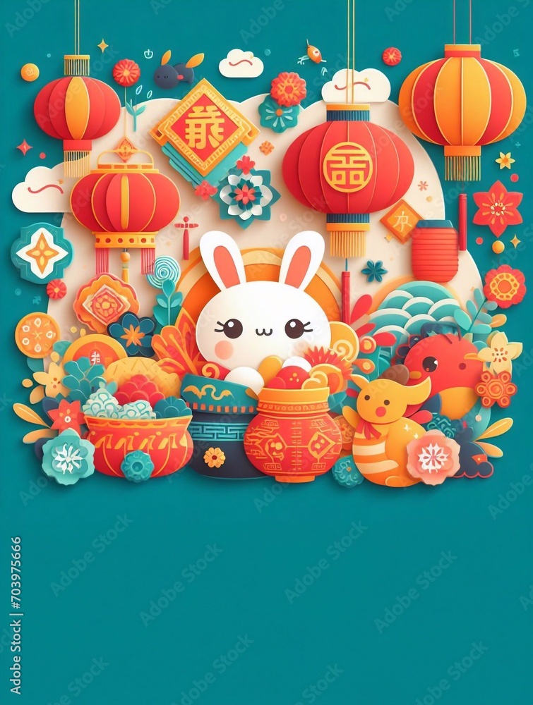 Fototapeta premium Chinese New Year Festival Illustration Paper Art Paper Cut background, Cute Style generative ai ART