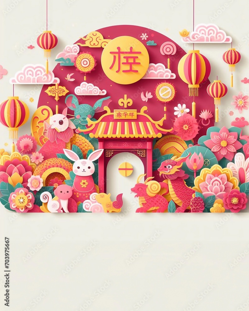 Fototapeta premium Chinese New Year Festival Illustration Paper Art Paper Cut background, Cute Style generative ai ART