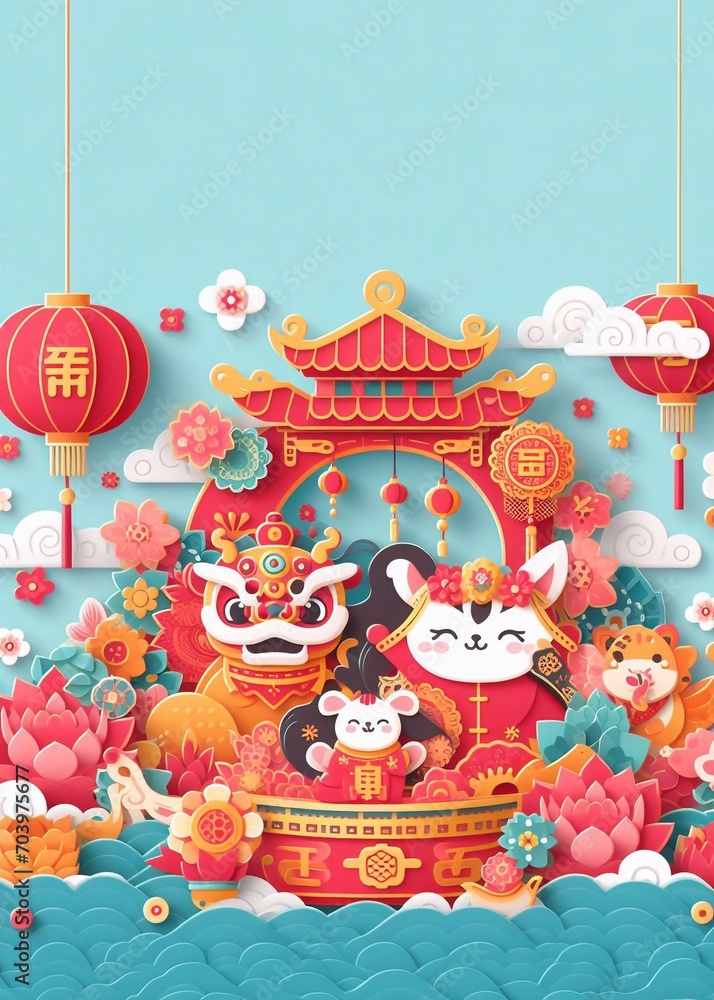 Fototapeta premium Chinese New Year Festival Illustration Paper Art Paper Cut background, Cute Style generative ai ART