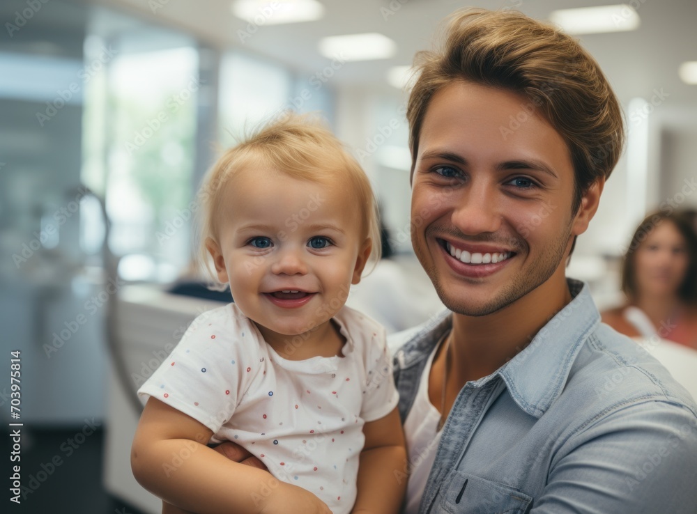 smiling father and daughter in kids dental clinic smiling father and daughter in kids dental clinic