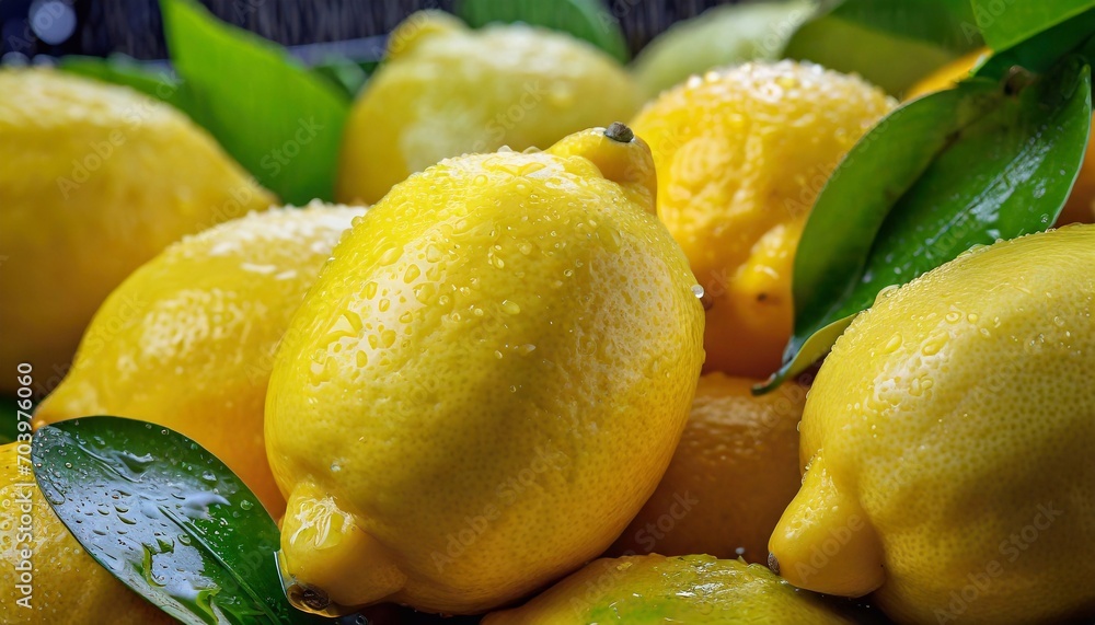 Close-up of many wet lemons. Selective focus.