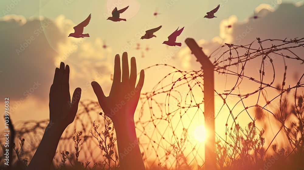 Fototapeta premium Human right day concept: Silhouette refugee hands raising with birds flying and barbed wire on autumn sunset background