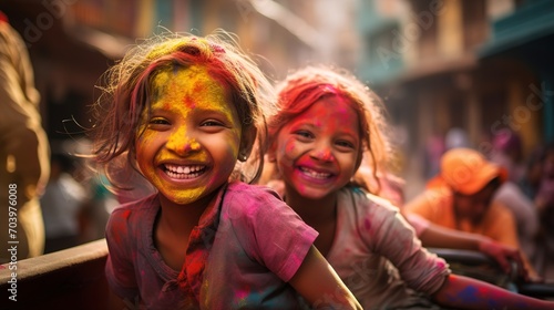 Happy young people Dancing and celebrating during Music and Colors festival. the Holi Festival