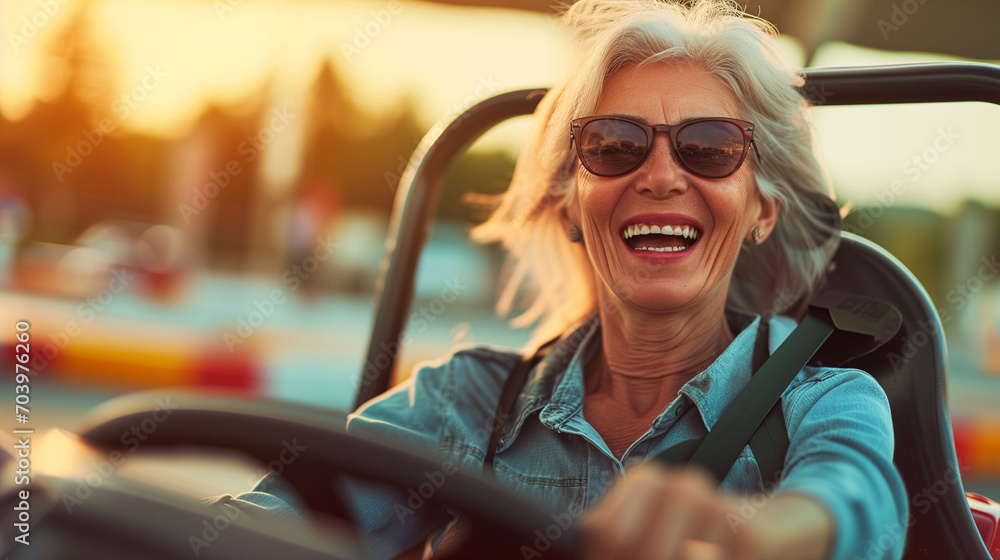 Active Senior Woman Driving a Go-Kart Around the Track Active Senior Woman Driving a Go-Kart Around the Track