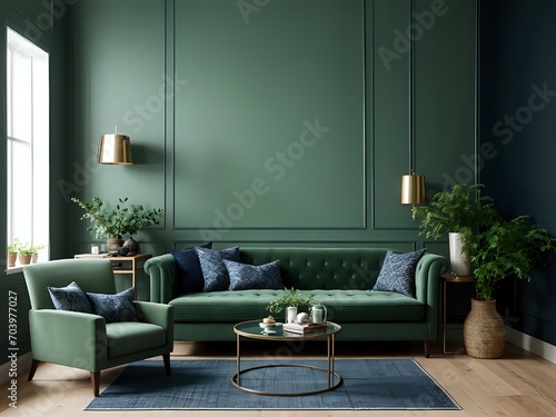 3d render lighting and sunny luxurious interior.empty wall mockup abstract sketch beautiful apartment.sofa and poster.memphis design luxury home table and mirrors Modern cozy living room.
