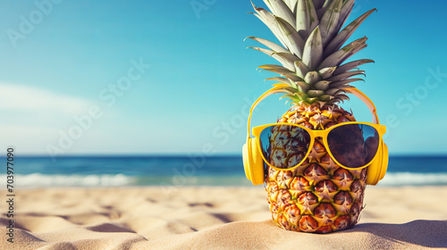 Ripe pineapple in sunglasses and headphones on the beach of the Caribbean sea. Tropical holiday concept.