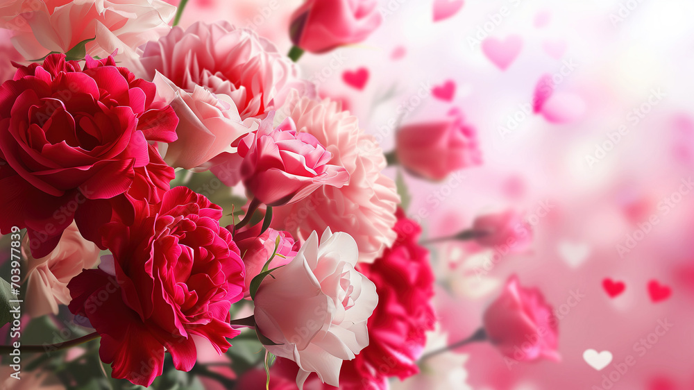 Red flowers background with hearts on a blurred background as Valentine's day love background.