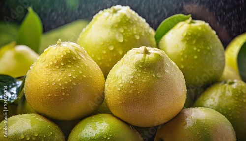 Close-up of many wet pomelos. Selective focus. photo