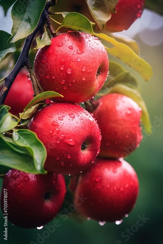 Red Apples hanging on a branch in the orchard. Image for advertising, banner