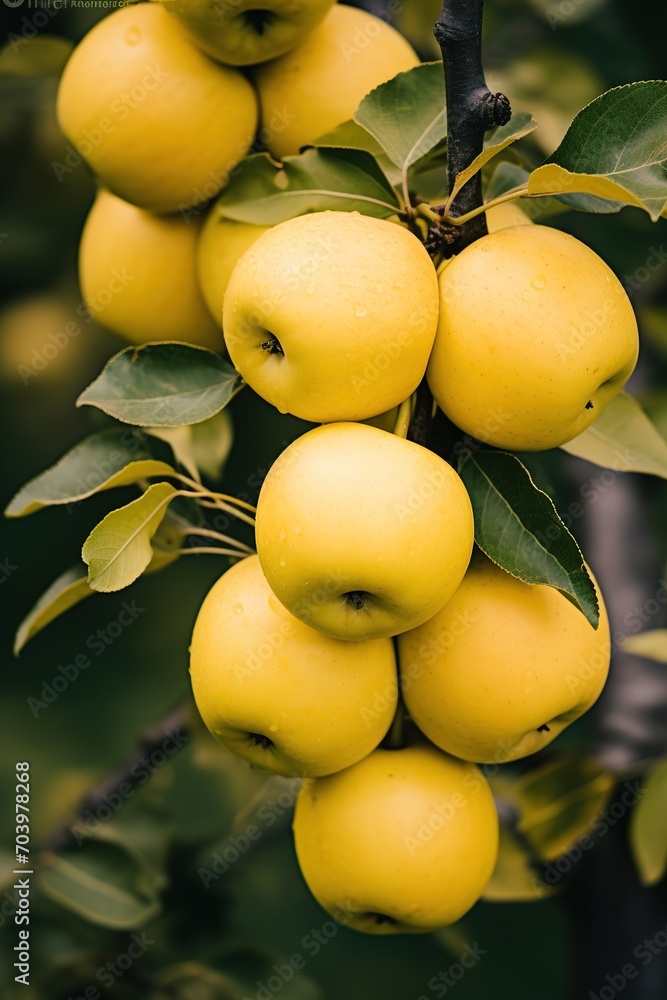 Yellow Apples hanging on a branch in the orchard. Image for advertising, banner
