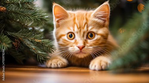 Cute ginger kitten with christmas tree on background. New Year