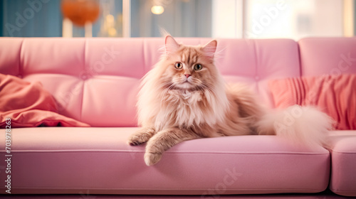 Beautiful persian cat on sofa at home in the living room. 