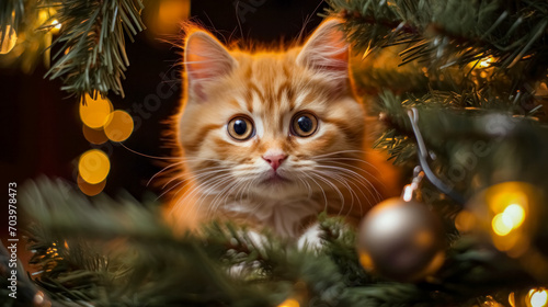 Cute ginger maine coon kitten with christmas tree on background © korkut82