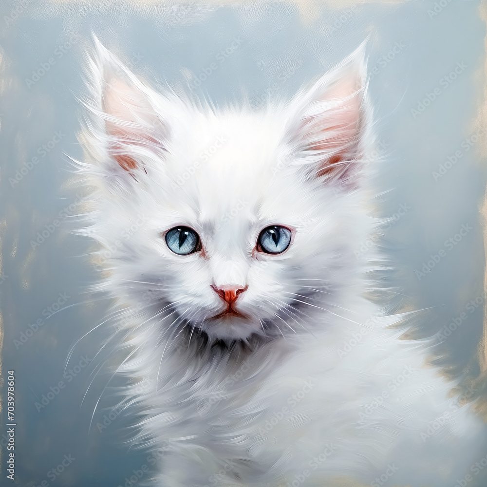 Portrait of a white kitten with blue eyes on a light background