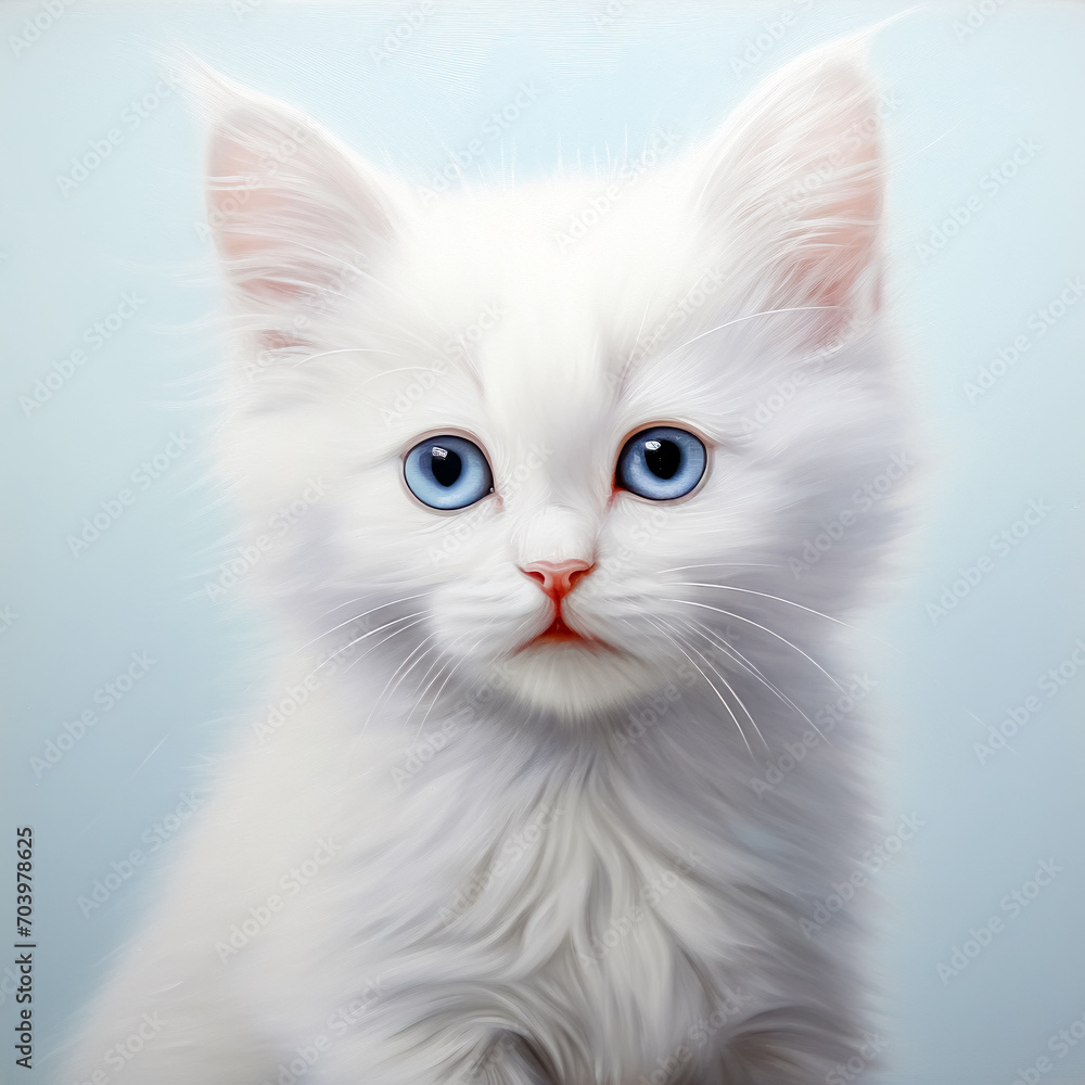 Portrait of white kitten with blue eyes on a blue background.