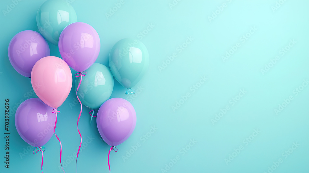 colorful balloons metallic in the air on blue cyan background, carnival celebration, Ultra Wide Screen 21:9 banner cover copy space	