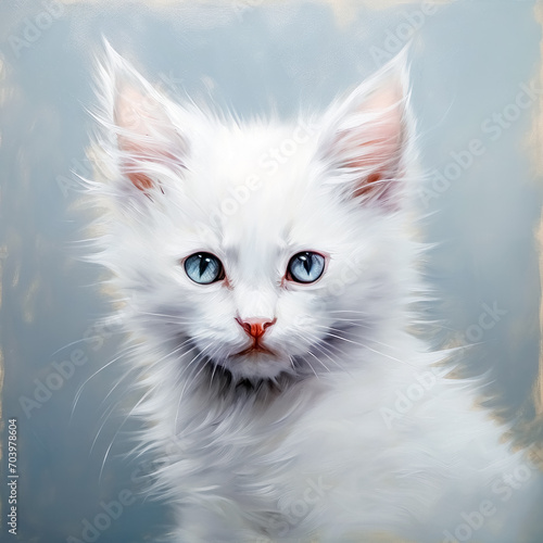 Portrait of a white kitten with blue eyes on a light background