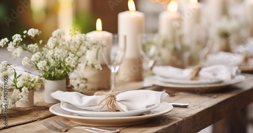 Rustic zero waste wedding decor with natural elements. Wooden table, candles, linen napkins, branches with green leaves. Generative AI photo