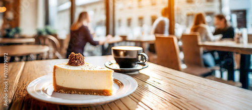 Käsekuchen und Kaffee auf Holztisch in einem Cafe 
