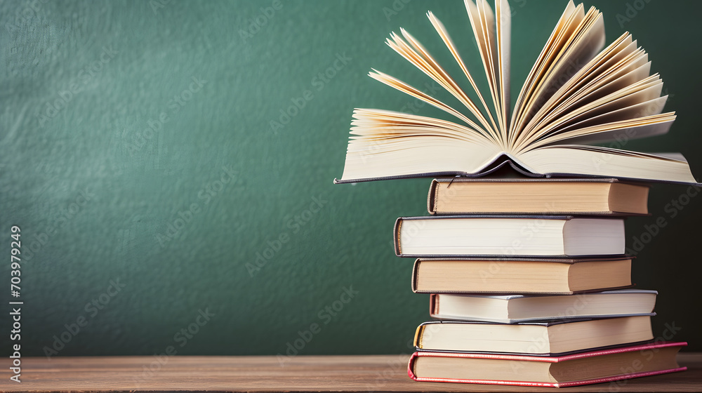 Open book, hardback books on wooden table. Education background. Back to school. Copy space for text. Open book, hardback books on wooden table. Education background. Back to school. Copy space for text.